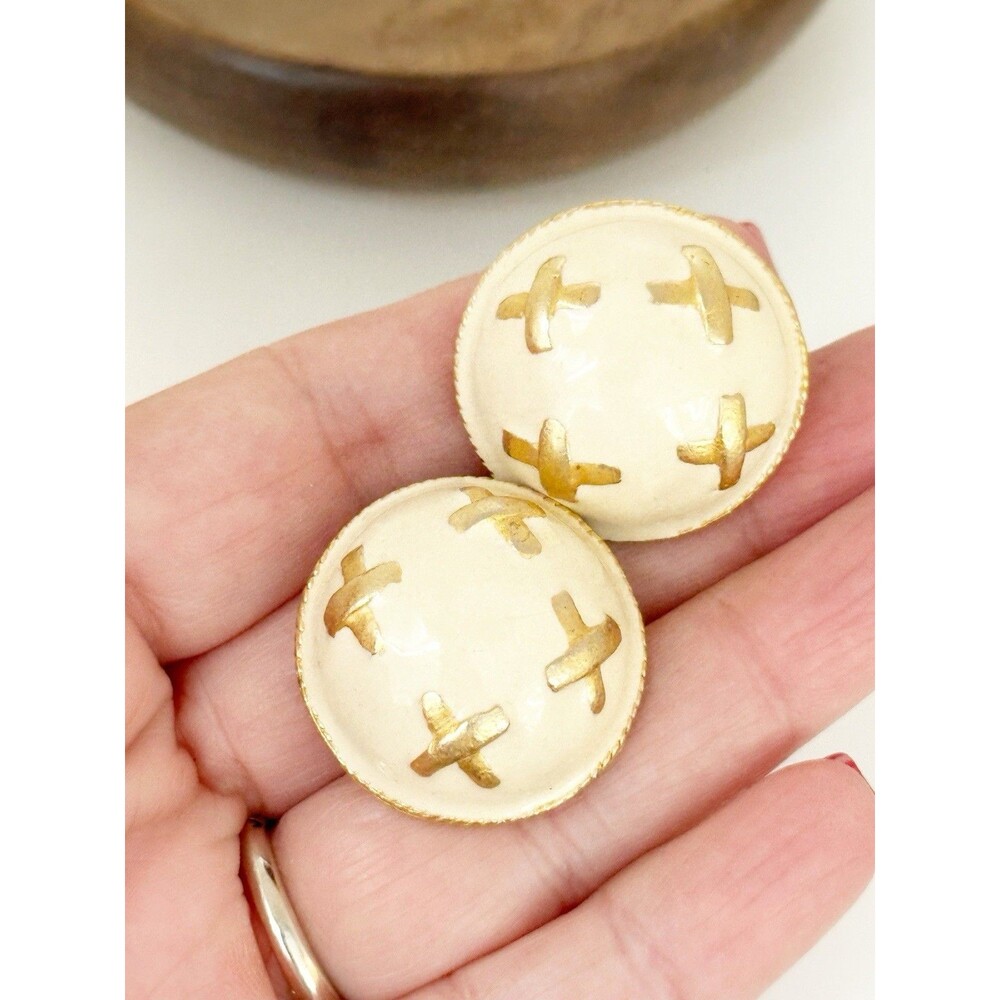 Vintage Dome Earrings Cream Enamel Gold Tone Clip On 90s Glam